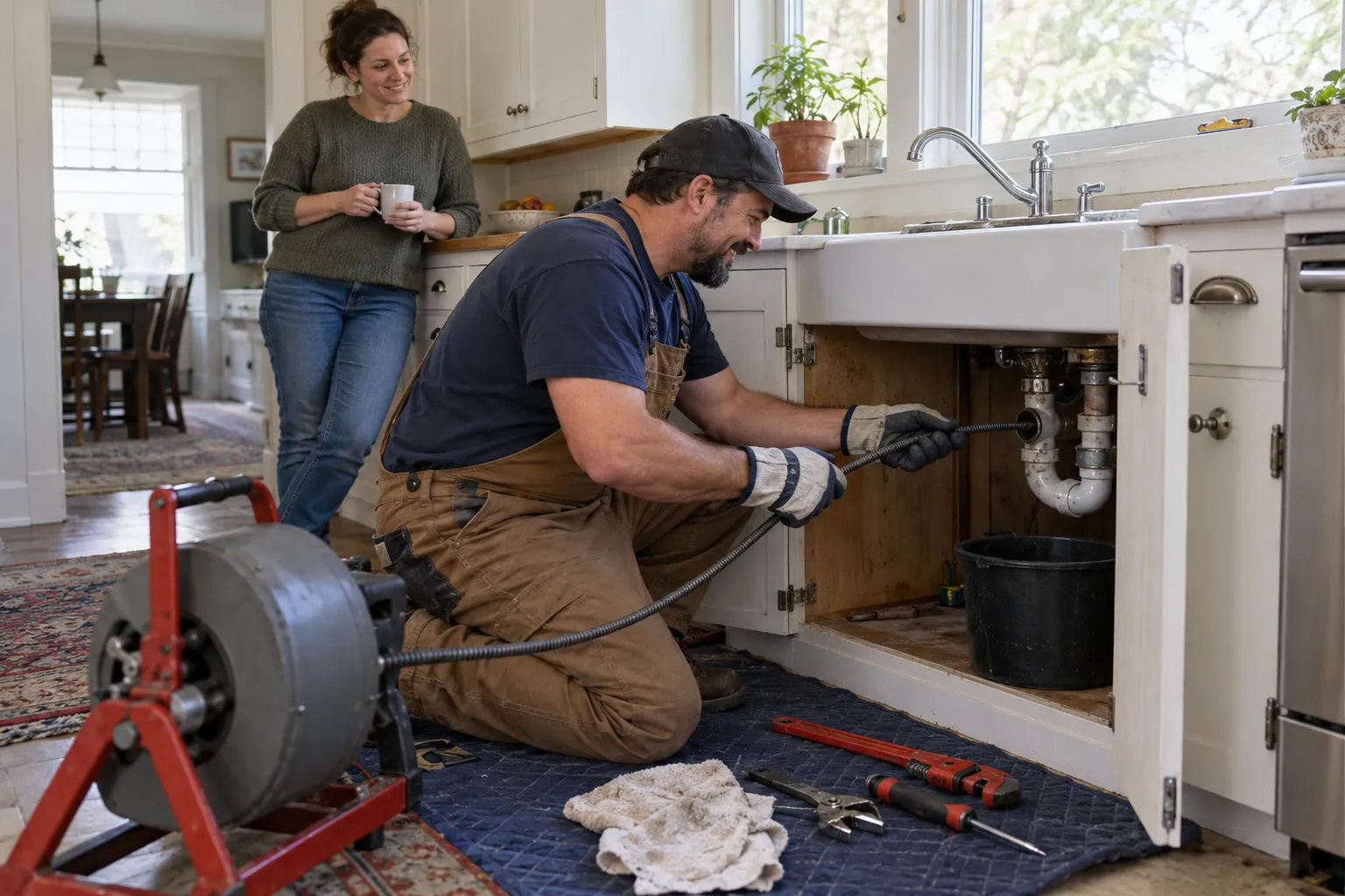 A friendly local provider clearing a kitchen drain at a home in Shelton