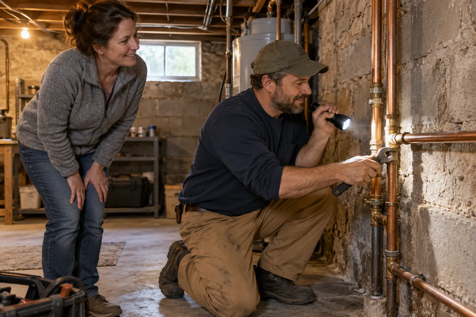 A local plumber checking a pipe under a basement ceiling in a Shelton home