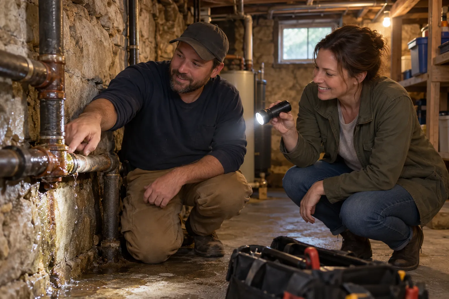 Homeowner and a plumbing provider checking a pipe in a basement in Shelton