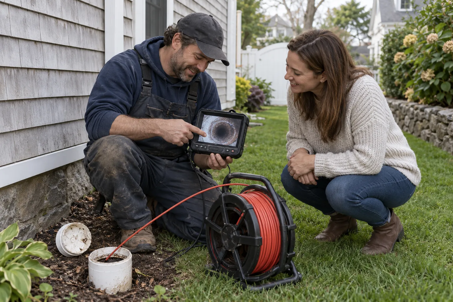 A local plumbing provider reviewing a sewer camera inspection on a monitor with a homeowner in Shelton